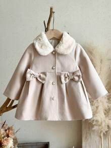 SHEIN Baby Girl Woven Solid Color Plush Turn-Down Collar 3D Bow Casual Woolen Autumn Winter - Apricot - View 1