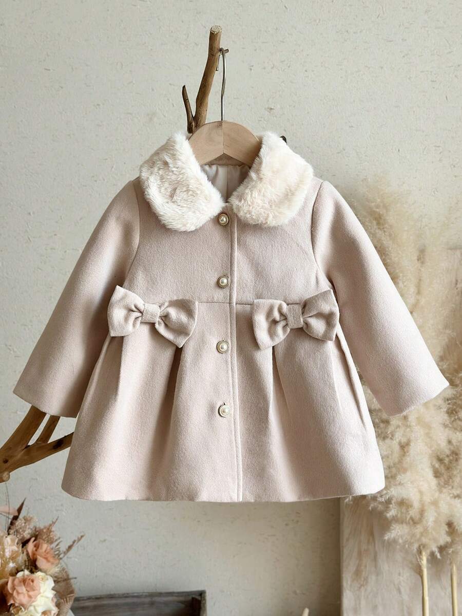 SHEIN Baby Girl Woven Solid Color Plush Turn-Down Collar 3D Bow Casual Woolen Autumn Winter - Apricot - View 1