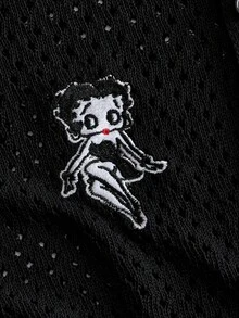 ROMWE MEN Betty Boop | ROMWE 美式復古 Betty 刺繡黑色鏤空針織開襟衫 男士夏季 Polo 領短袖外套上衣 - 黑色 - 查看 3
