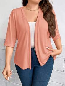 SHEIN LUNE 大尺碼女款純色休閒百搭日常開襟衫 - 粉色 - 查看 5