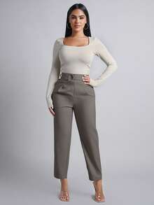 SHEIN PETITE Spring Women Belted Tapered Leg Pants ,Petite Women - Light Grey - View 3