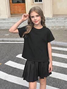 SHEIN Girlism Tween女孩春夏兩件式休閒時尚露背交叉背部對比線條設計圓領肩連袖短袖寬鬆版型T恤，返校季，親子套裝 - 彩色 - 查看 2