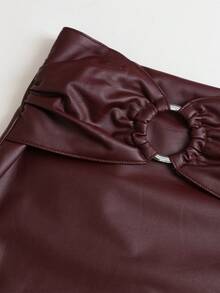 Sweetra Women's Summer Faux Leather Pleated Skirt With Metal Decor - Burgundy - View 4
