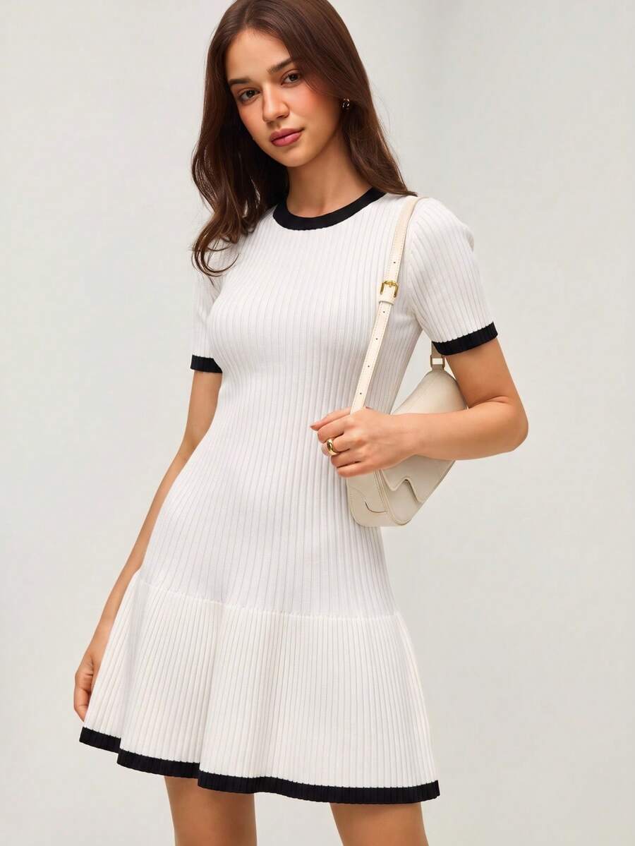SHEIN Orluneo 新款优雅淑女修身针织毛衣连衣裙,设计精致,品质上乘,适合春秋季穿着。 - 黑與白 - 查看 1
