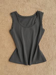 Attitoon 95 Cotton Women's Tank Top, Casual Minimalist Vintage Punk Y2K Versatile Party Everyday Wear, Dark Grey, Racerback Lace Patchwork Music Festival - Dark Grey - View 4
