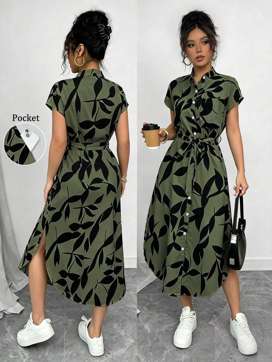 SHEIN Raffinéa 女款休閒度假旅行豹紋前扣鈕扣襯衫腰帶蝴蝶結口袋側開衩 2025夏季新款短袖長洋裝 - 軍綠色 - 查看 1
