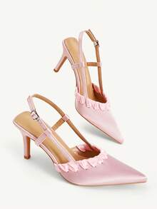 CUCCOO CHICEST Premium Pink Satin Pleated Design Pointed Toe Stiletto High Heels Summer Back Strap Versatile Commuter Shoes Fall Shoes - Pink - View 4