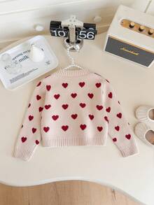 SHEIN Young Girls Cardigans Knit Autumn/Winter Heart Pattern Fitted Round Neck Sweater Jacket - Khaki - View 2