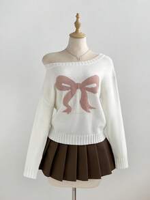 SHEIN ICON Suéter de punto para mujer de otoño/invierno, estilo lazy fashion minimalista, versátil y dulce, con lazo y hombro asimétrico - Blanco - Ver 1
