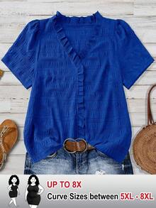 SHEIN CURVE+ Plus Size Women's Solid Textured V-Neck Short Sleeve Casual Regular Shirt, Suitable For Outings And Vacations, Spring/Summer Tops - Blue - View 1