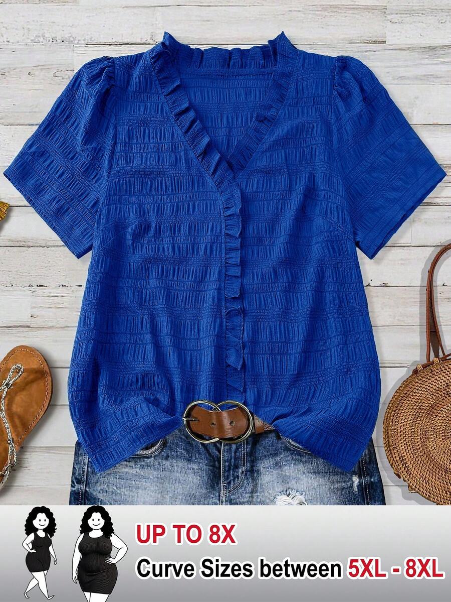 SHEIN CURVE+ Plus Size Women's Solid Textured V-Neck Short Sleeve Casual Regular Shirt, Suitable For Outings And Vacations, Spring/Summer Tops - Blue - View 1