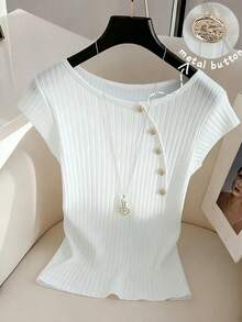 Franclia Women's Spring/Summer White Ribbed Metal Button Round Neck Raglan Sleeve Casual Commute Daily T-Shirt - White - View 7