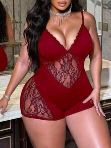SHEIN CURVE+ 大码女式深V领蕾丝撞色网纱性感吊带连体衣 - 紅色 - 查看 3