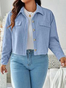 SHEIN LUNE Plus Size Casual Smart Casual Versatile Solid Color Cropped Jacket Office Fall - Baby Blue - View 4