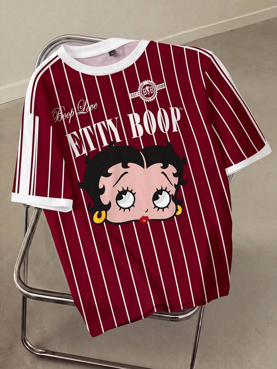 Betty Boop x SHEIN 女式条纹卡通人物图案圆领短袖T恤 - 白色 - 查看 1