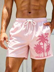 Manfinity Swimmode 男士抽繩腰椰子樹印花休閒粉色沙灘短褲，夏季度假泳褲洗澡褲，夏威夷熱帶度假風 - 淺粉色 - 查看 6