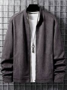 Calvornis Men's Solid Color Long Sleeve Zipper Front Casual Jacket - Dark Grey - View 3