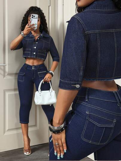 BamGleam Casual Washed Cropped Denim Jacket