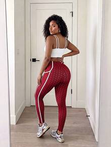 BamGleam Women's Burgundy Colorblock Casual Daily Travel Sports Tight Leggings Gym Prom Summer - Red and White - View 6