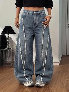 SHEIN Teen Girl Basic Simple And Comfortable Fringed Design Nostalgic Loose Fit Jeans Black To School - Blue - View 4