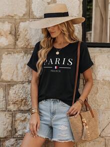 EMERY ROSE Women's Round Neck Letter Printed Short Sleeve T-Shirt Graphic Tees Women Tops - Black - View 3
