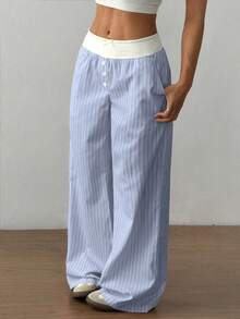 Flirla Women's Stripe Fabric Patchwork Contrast Color Pants Fall Cloth For Women - Baby Blue - View 3