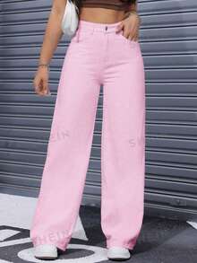 SHEIN ICON 女款休閒牛仔長褲，附口袋與鈕扣，適合日常穿著 - 淺粉色 - 查看 3