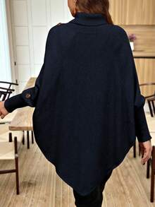 Linhara CURVE 女式纯色针织纽扣高领蝙蝠袖长袖斗篷式修身优雅毛衣，秋冬 - 寶藍色 - 查看 2