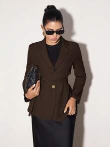 Heiryn Women Solid Color Lapel Long Sleeve Side Knot Blazer Back To School In Fall/Winter - Chocolate Brown - View 6