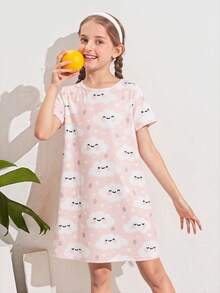 SHEIN 青少年女孩可愛雲朵印花短袖寬鬆短袖睡袍 - 彩色 - 查看 3