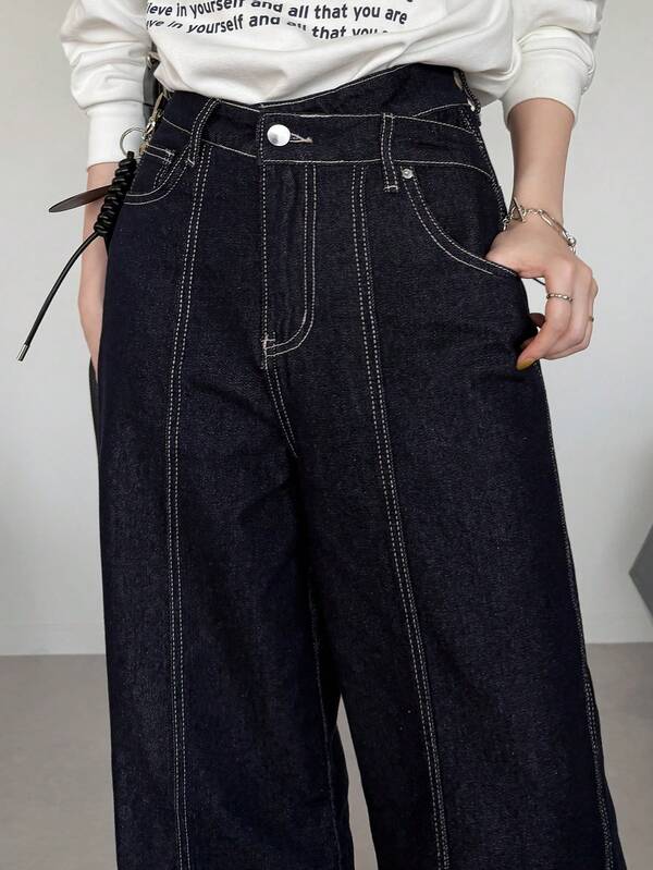 FRIFUL Women's Fashion Versatile Button Pocket Loose Denim Jeans Streetwear