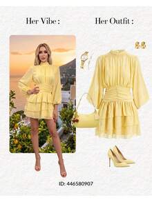 Ellevyn Women's Elegant Batwing Sleeve Ruffle Romantic Dress, Suitable For Dates Brunch Tea Party And Occasions, Autumn High-End Chiffon Yellow Dress - Yellow - View 10