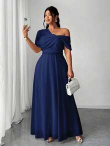 SHEIN PETITE CURVE 大码女式优雅浪漫婚礼宾客礼服，轻盈正式礼服，雪纺单肩开衩连衣裙 - 藏蓝色 - 查看 4