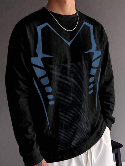 Sport MetroGents Futuristic Cyber Tech Mechanical Skeleton Outline Loose Casual Long Sleeve Top For Men