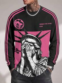 Gym Rark Punk Streetwear New York Liberty Print Men Long Sleeve Pullover, Pink Dot Background Cover Eyes Statue Graphic, Double Pink Raglan Sleeve Stripes, Loo - Multicolor - View 3