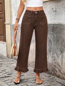Breezaya Celana Jeans Denim Wanita Model Street dengan Kancing Saku dan Hem Bergelombang - Coffee Brown - View 3