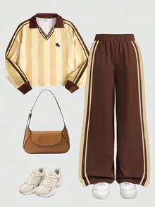 SHEIN Tween女孩秋冬休閒復古學院風黃色與棕色條紋印花POLO領小Logo印花織帶裝飾寬鬆長袖衛衣與配套織帶寬腿直筒運動褲套裝 - 黃色 - 查看 4