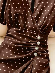 Velvienne Plus Size Woven Elegant Polka Dot Summer Women's Dress - Coffee Brown - View 6