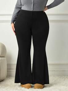 SHEIN CURVE+ Plus Size Casual Versatile Solid Color Flare Pants Fall - Black - View 7