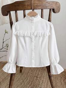 Tween Girl Tween Girls Elegant Ruffle Stand Collar Lantern Sleeve Ruffle Trim Long Sleeve White Blouse, Back To School Preppy Style White Shirt - White - View 2