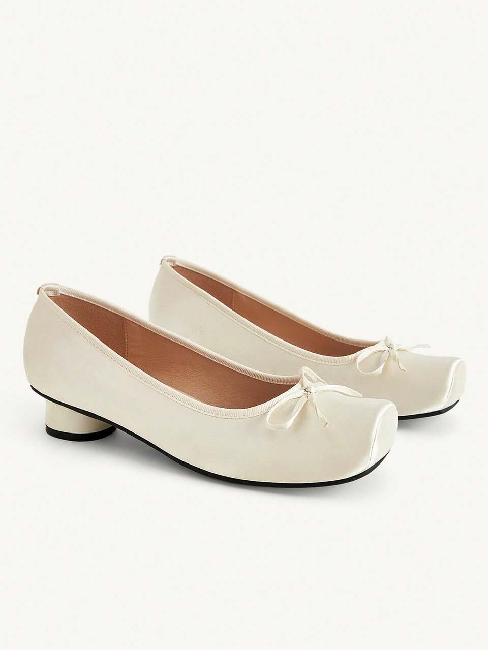 CUCCOO CHICEST Women's Satin Bow Square Toe Low Block Heel Elegant Off-White Ballet Flats Daily Casual Shoes Fall Shoes