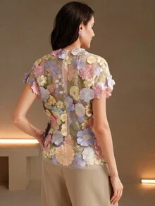 Anewsta 浪漫風 3D 花卉刺繡貼花多色上衣 - 淺粉色 - 查看 3