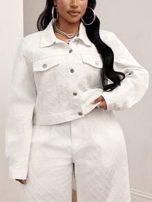 Slaydiva Festival Plus Size Women's White Non-Stretch Long Sleeve Denim Jacket - White - View 4