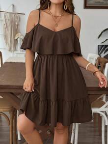 SHEIN VCAY Vestido de mujer talla grande unicolor vacaciones patchwork volantes hombros descubiertos - Café integral - Ver 5