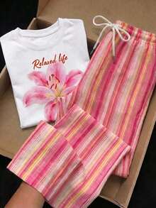 Comfortcana 2pcs/Set Embroidered Round Neck Short Sleeve Top And Striped Print Pants, Casual - Pink - View 1