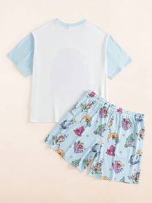 TOM & JERRY X SHEIN Plus Size Men's Colorblock Patchwork Cartoon Print Pajama Set - Blue and White - View 2