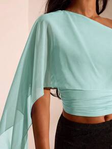 Opulessa 女款純色不對稱肩網布拼接休閒日常上衣 - 淺藍色 - 查看 6