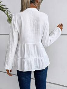 SHEIN Holidaya 缺口领口 灯笼袖 荷叶边下摆 罩衫 荷叶边上衣 - 白色 - 查看 2