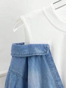 SHEIN Clasi 女款 2 合 1 拼接休閒日常牛仔上衣 前扭結露肩 2 合 1 泡泡短袖短版襯衫 夏季 白色 藍色 - 藍色 - 查看 5