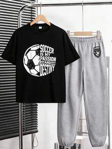 SHEIN 2件組青少年男孩休閒字母印花圓領套頭上衣套裝，適合夏季 - 彩色 - 查看 8